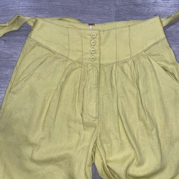 Free People Wide Leg Pants Women’s 6 Trousers High Waist Linen Blend Belted Boho - Picture 6 of 15